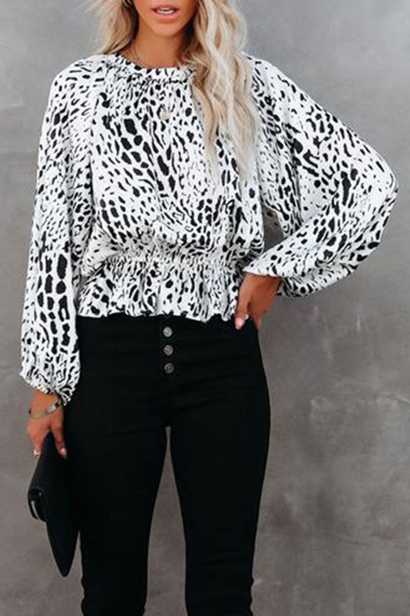 Elegant Leopard Patchwork Fold O Neck Blouses