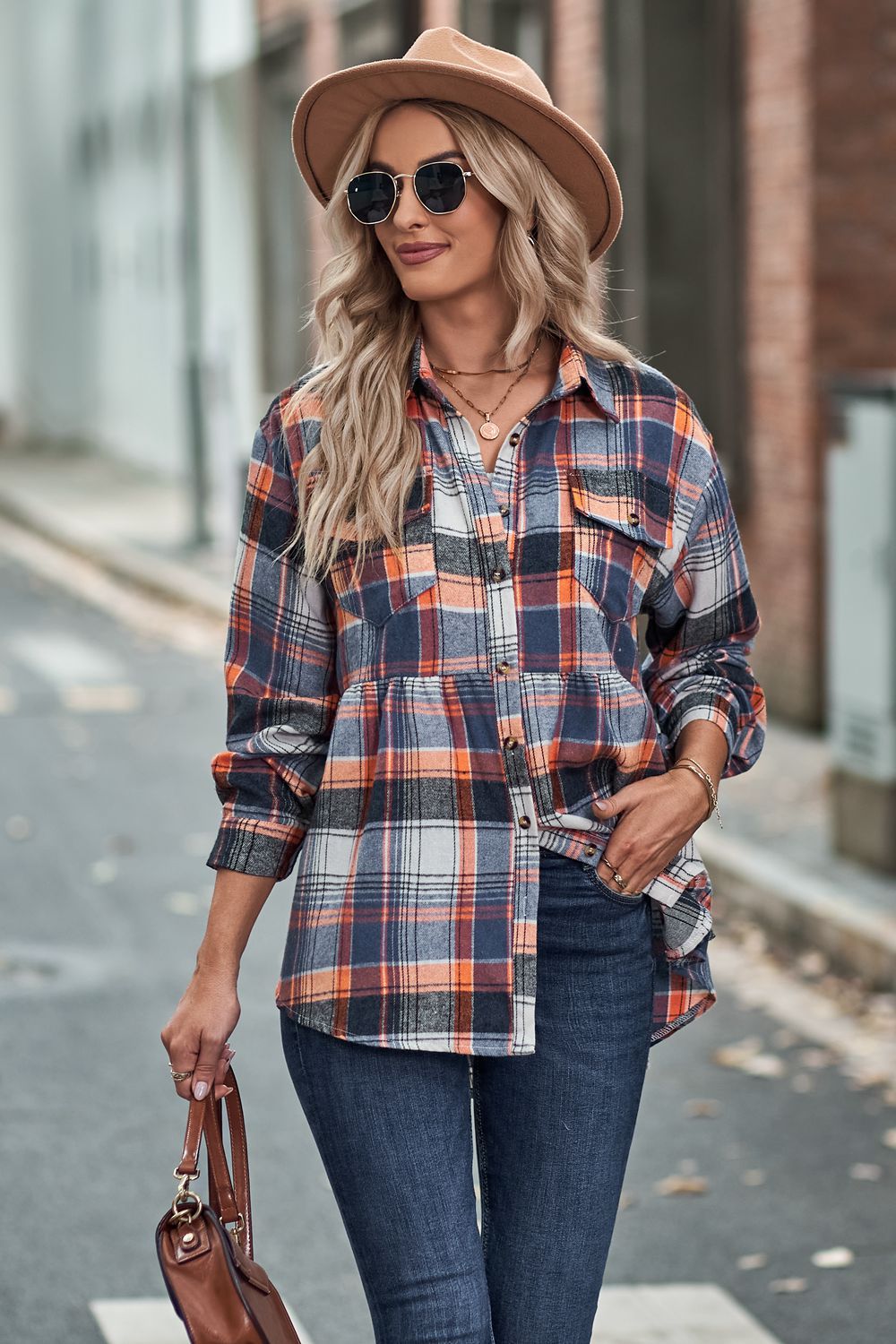 Lapel Long Sleeve Casual Check Shirt