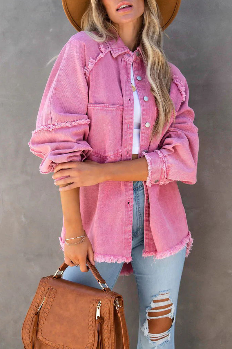 Fashion Casual Solid Tassel POLO collar Long Sleeve Straight Denim Jacket(3 Colors)