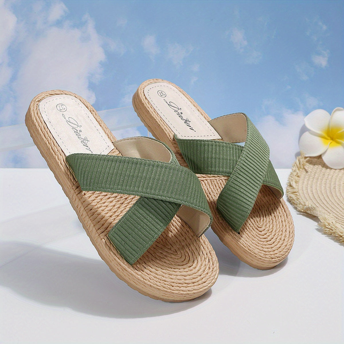 Solid Color Beach Slides - Women's Cross Strap Flats with Espadrille Sole