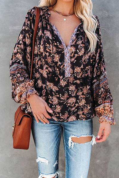 Fashion Casual Floral Split Joint Flounce V Neck Tops
