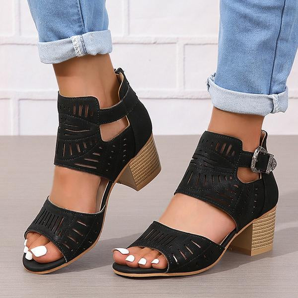 Women's Fashion Hollow Zipper Chunky Heel Sandals 89606513C