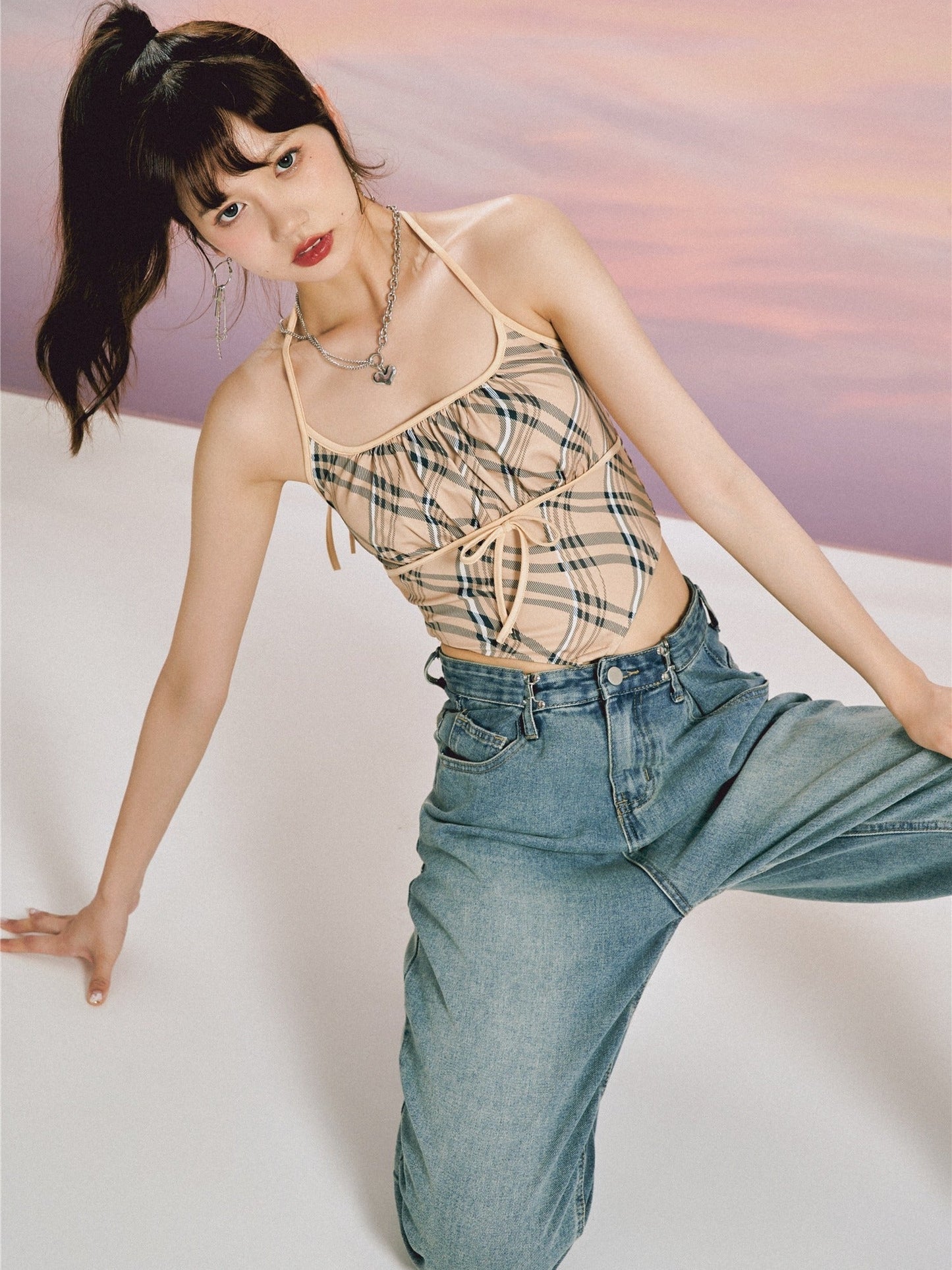 Y2K Khaki Plaid Halter Sling ~ HANDMADE