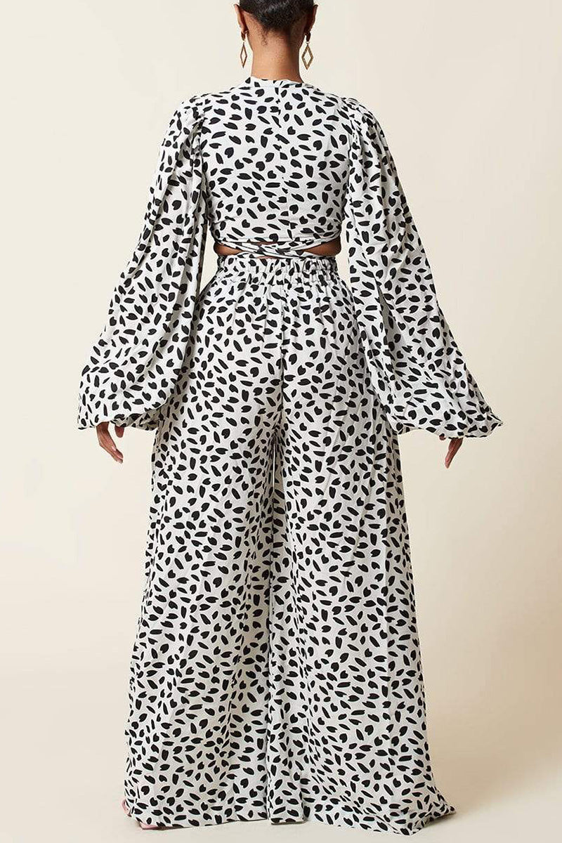 Fashion Casual Print Bandage V Neck Long Sleeve Two Pieces