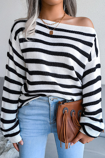 Casual Striped Split Joint Contrast Off the Shoulder Tops