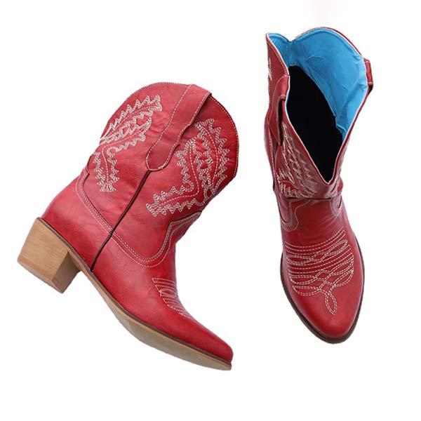 Women'S Embroidered Pointed Toe Chunky Heel Booties 30004646C