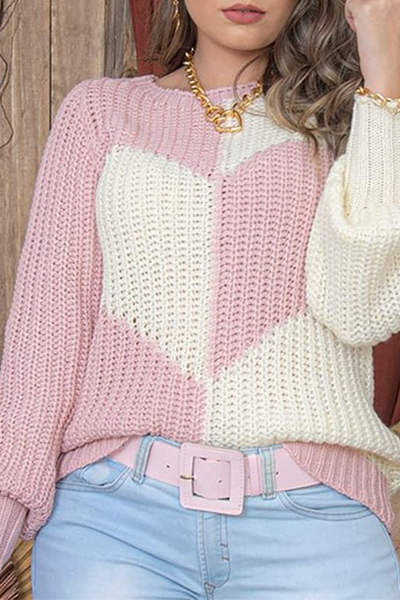 Casual Patchwork Contrast O Neck Tops Sweater