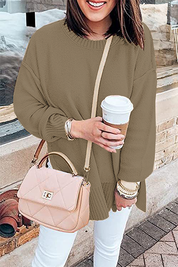 Casual Solid Patchwork Slit O Neck Tops Sweater