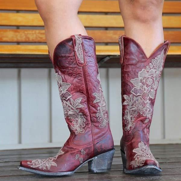 Women'S Embroidered Chunky Heel Rider Boots 59126917C