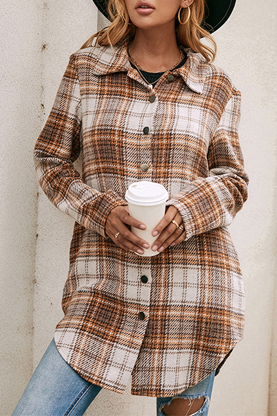 Casual Plaid Patchwork Buckle Turndown Collar Outerwear