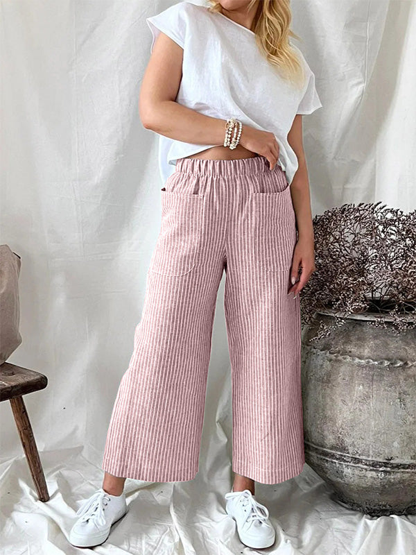 Women's Stripe Elastic Waist Casual Comfy Wide Leg Pants