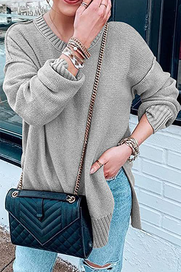 Casual Solid Patchwork Slit O Neck Tops Sweater