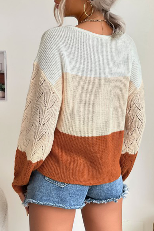 Casual Patchwork Hollowed Out Contrast V Neck Tops