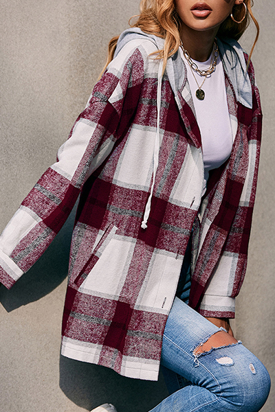 Casual Plaid Draw String Buckle Hooded Collar Outerwear