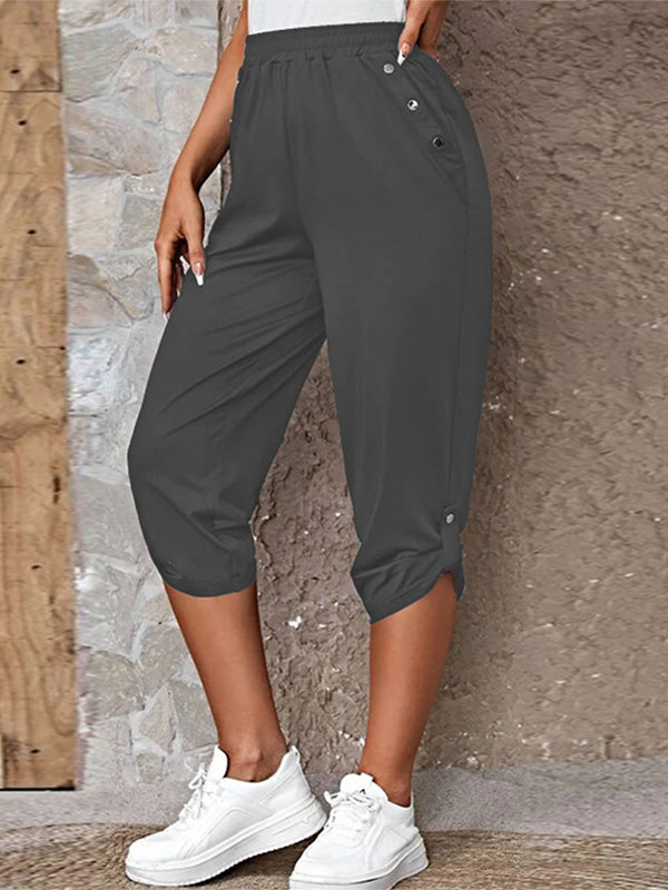 Women's Solid Button Detail Roll Up Hem Capri