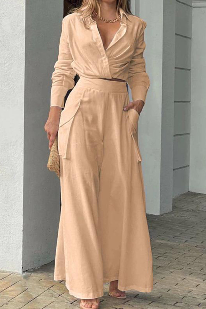 Elegant Simplicity Solid Pocket Solid Color Turndown Collar Long Sleeve Two Pieces(6 Colors)