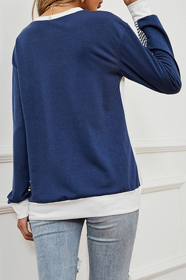 Casual Striped Split Joint Contrast O Neck Tops