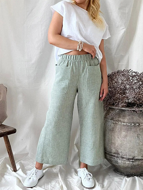 Women's Stripe Elastic Waist Casual Comfy Wide Leg Pants