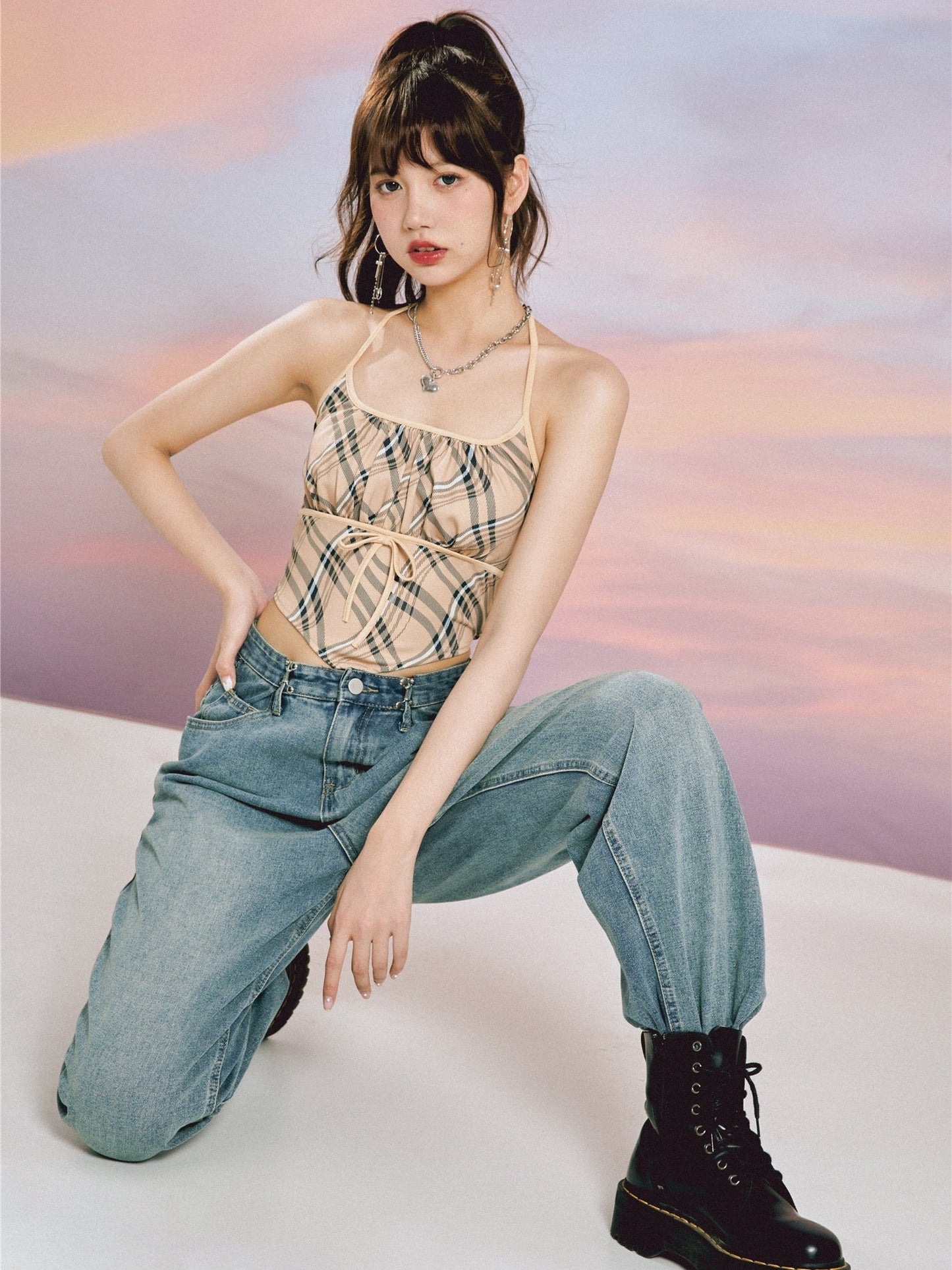 Y2K Khaki Plaid Halter Sling ~ HANDMADE
