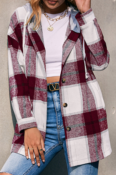 Casual Plaid Draw String Buckle Hooded Collar Outerwear