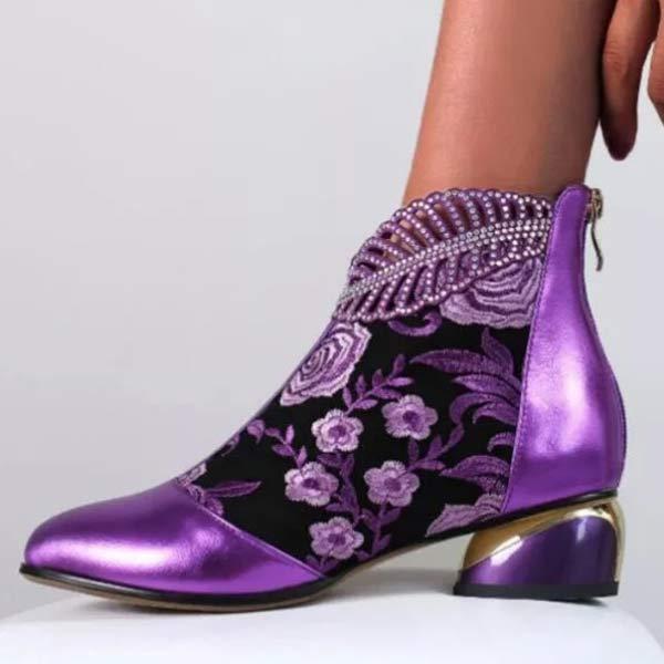 Women's Embroidered Rhinestone Chunky Heel Martin Boots 58815161C