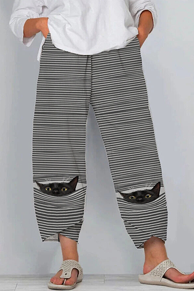 Street Striped Print Split Joint Capris Straight Harlan Positioning Print Bottoms