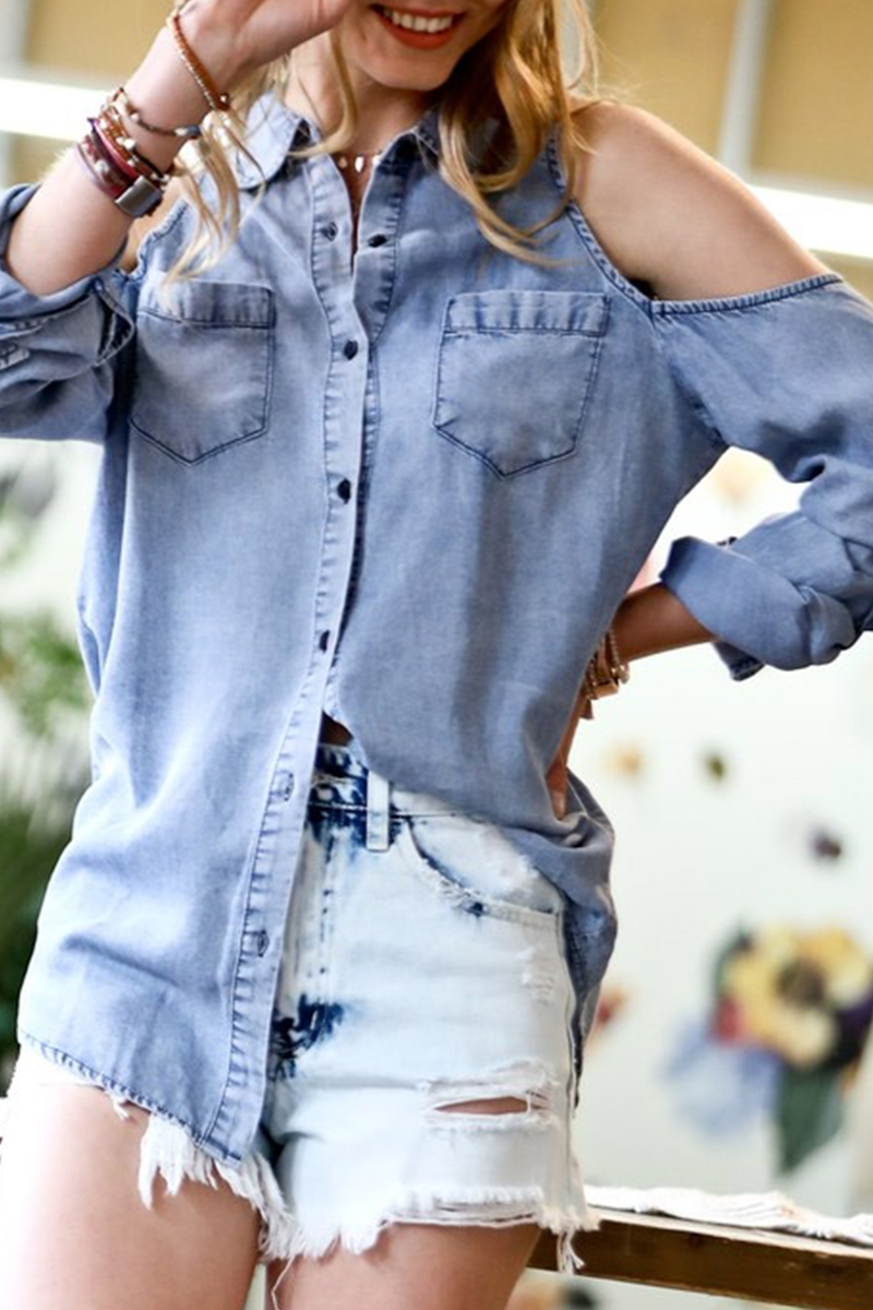 Fashion Solid Split Joint Turndown Collar Long Sleeve Straight Denim Jacket