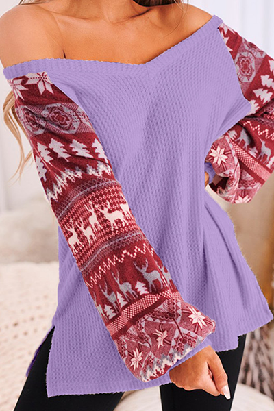 Casual Wapiti Split Joint Contrast V Neck Tops