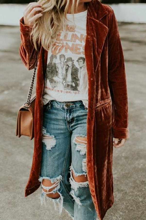 Fashion Casual Solid Patchwork Buttons Turn-back Collar Outerwear