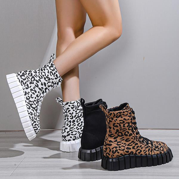 Women's Fashion Leopard Platform Lace-up Booties 99424932S