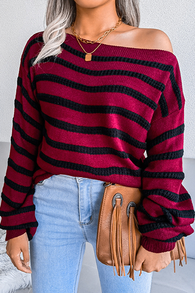 Casual Striped Split Joint Contrast Off the Shoulder Tops