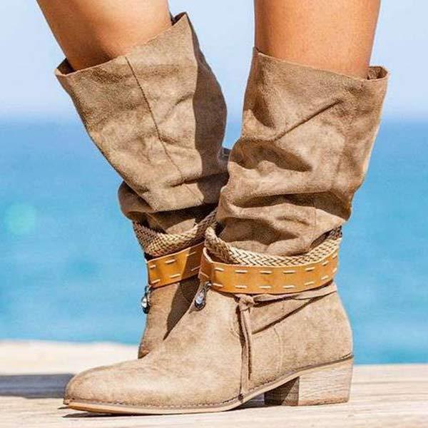 Women's Chunky Heel Round Toe Fringed Knee-High Boots 83774032C
