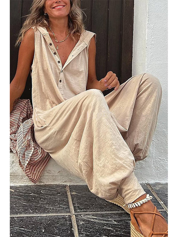 Women's Half Button Hooded Sleeveless Jumpsuit
