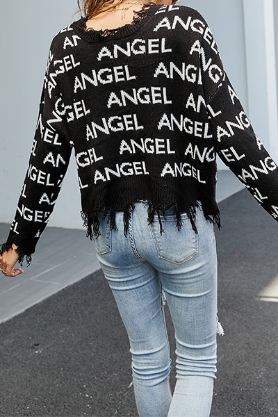 Casual Letter Tassel Split Joint V Neck Tops