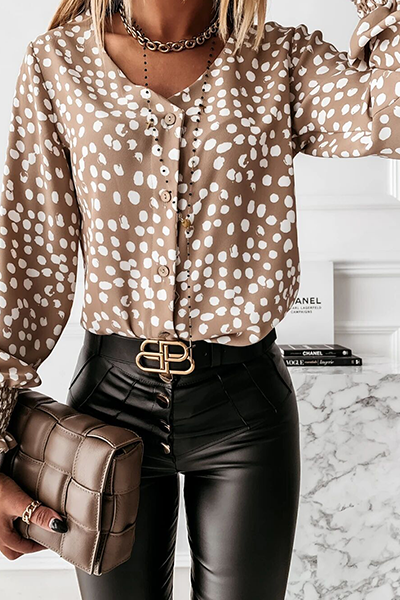 Casual Print Buckle Fold V Neck Tops(3 colors)