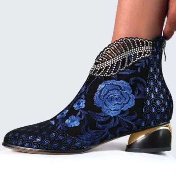 Women's Embroidered Rhinestone Chunky Heel Martin Boots 58815161C