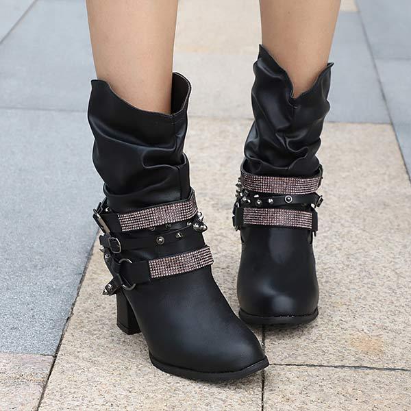 Women'S Chunky Heel Rhinestone Belt Buckle Round Toe Boots 02680696C