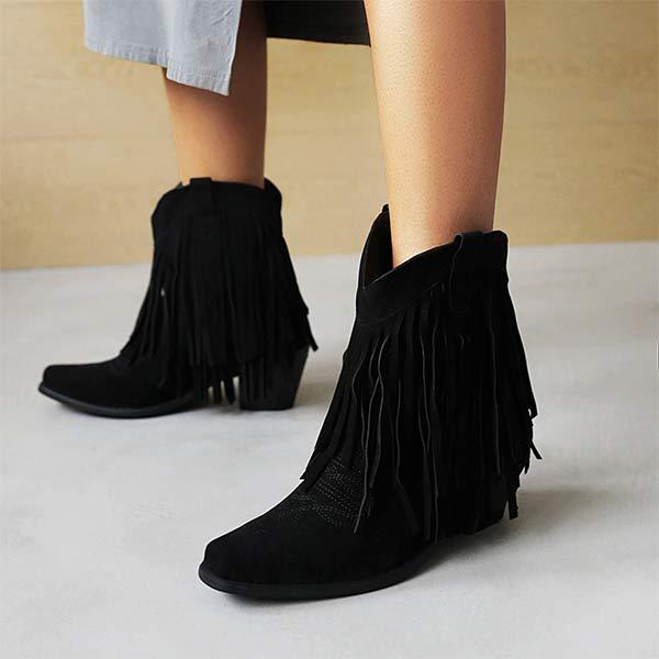 Women's Fashion High Heel Suede Low-Calf Fringe Boots 82434368C
