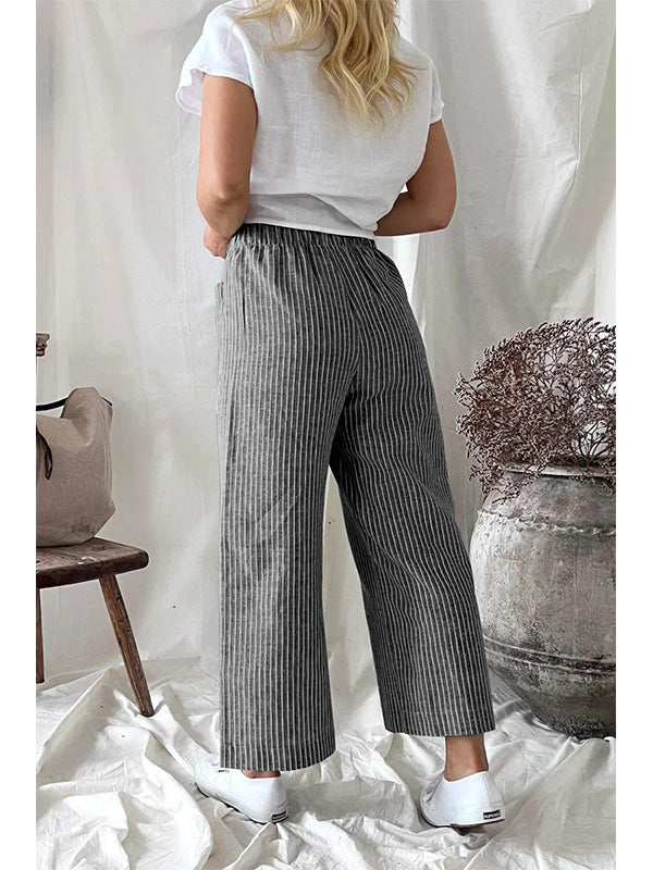Women's Stripe Elastic Waist Casual Comfy Wide Leg Pants