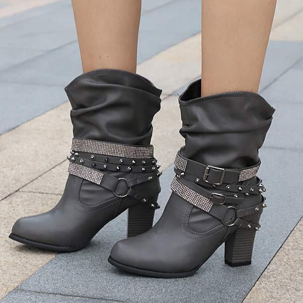 Women'S Chunky Heel Rhinestone Belt Buckle Round Toe Boots 02680696C