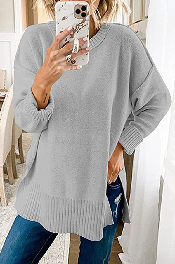 Casual Solid Patchwork Slit O Neck Tops Sweater