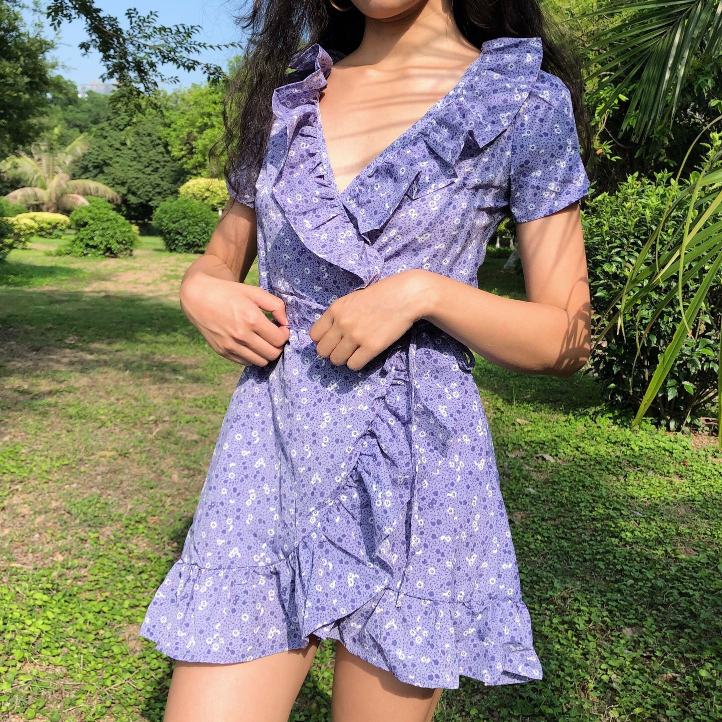 Purple Floral Ruffled Wrap Dress