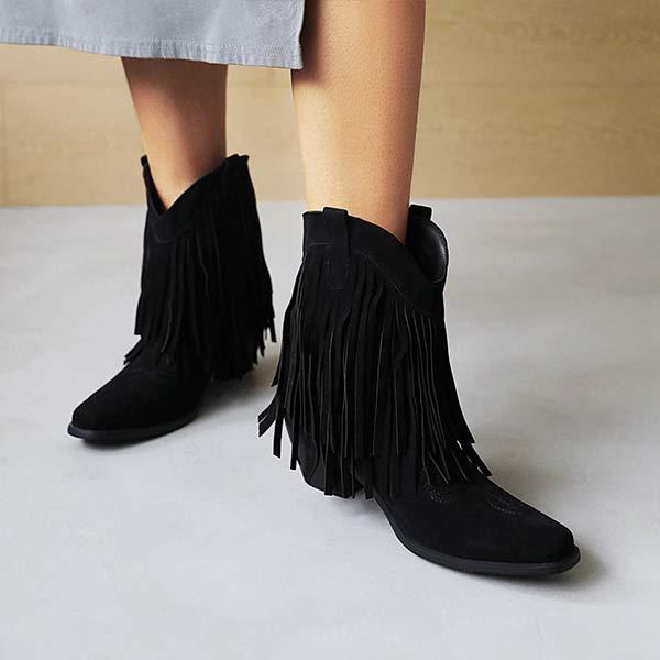 Women's Fashion High Heel Suede Low-Calf Fringe Boots 82434368C