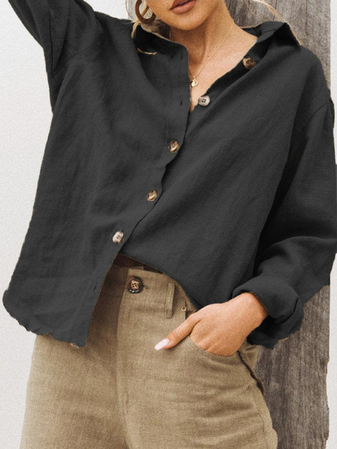 Women's Loose Long-Sleeved Solid Color Linen Top