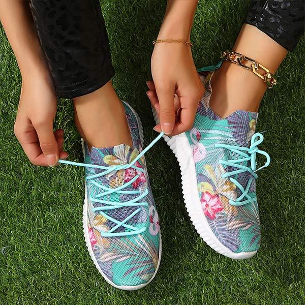 Women's Flat Lace-Up Flying Woven Breathable Printing Graffiti Casual Sneakers 43665814C