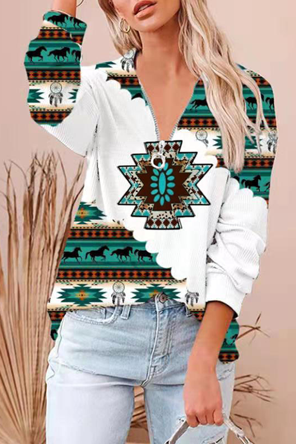 Fashion Casual Geometric Split Joint Zipper Turndown Collar Tops