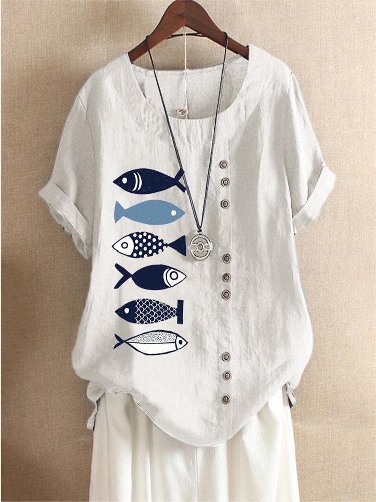 V-Neck Printed Loose Short Sleeve T-Shirt