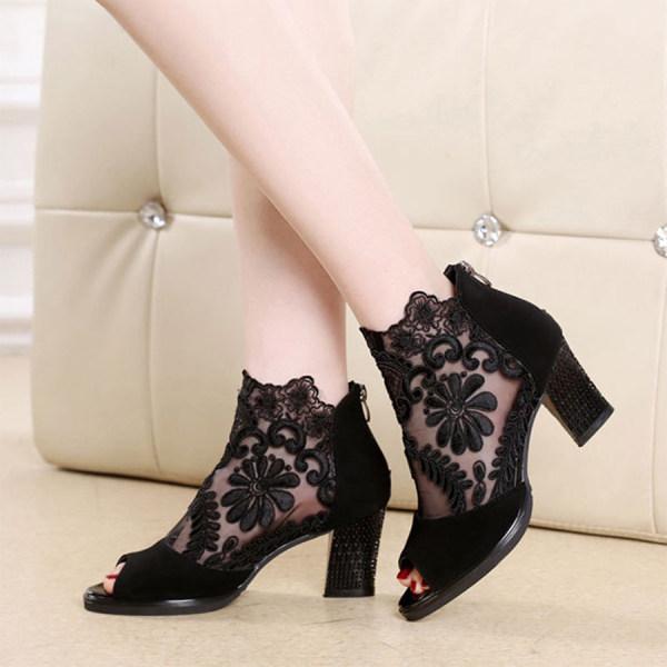Women'S Chunky Heel Open Toe Lace Sandals 29617810
