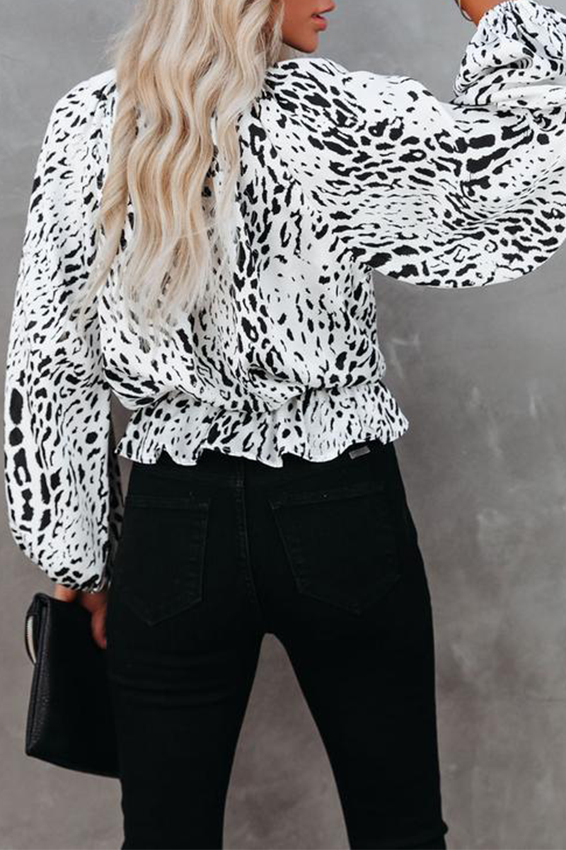 Elegant Leopard Patchwork Fold O Neck Blouses