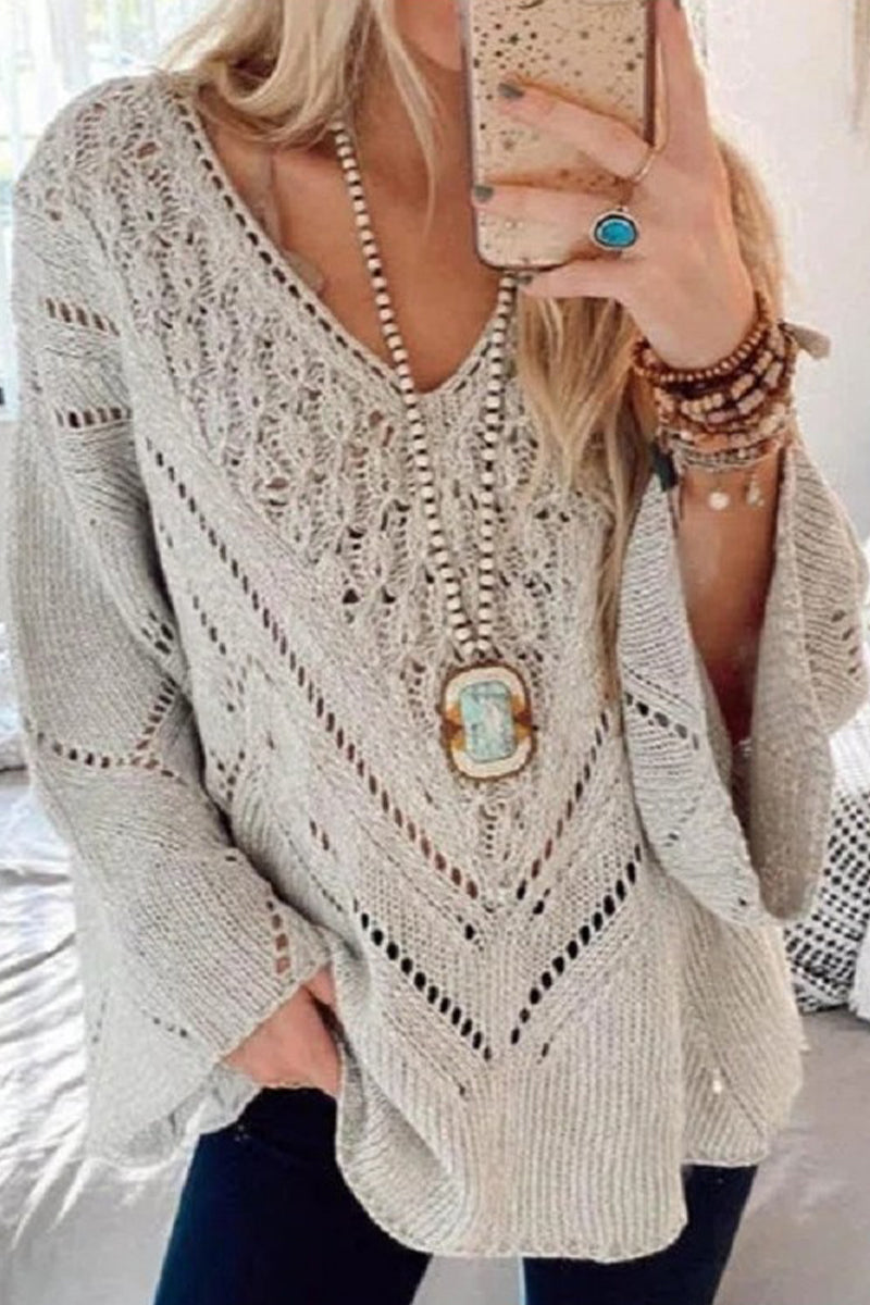 Elegant Solid Hollowed Out V Neck Tops